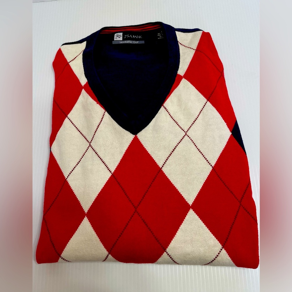 Jos A Bank Leadbettergolf sweater argyle pattern mens Sz Large Red blue prep dad